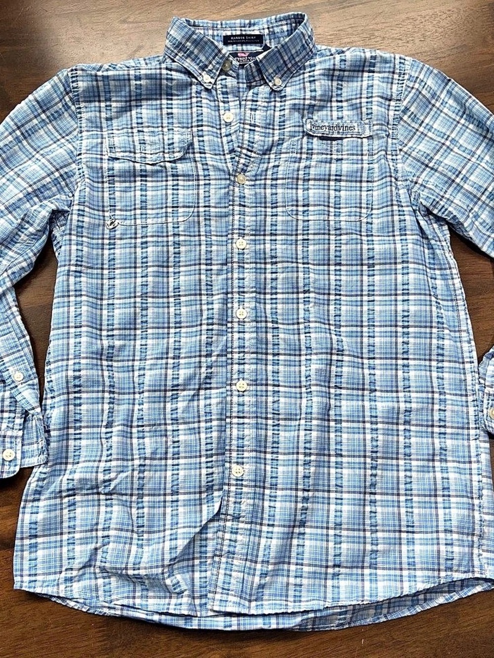 Vineyard Vines Harbor Shirt Boys Medium M 12-14 Blue Plaid Button Down Preppy